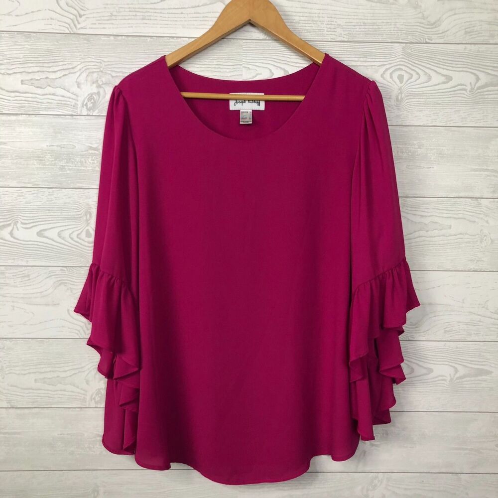Joseph Ribkoff Women's Size 14 Blouse Ruffle Bell Sleeve Scoop Neck Solid Pink